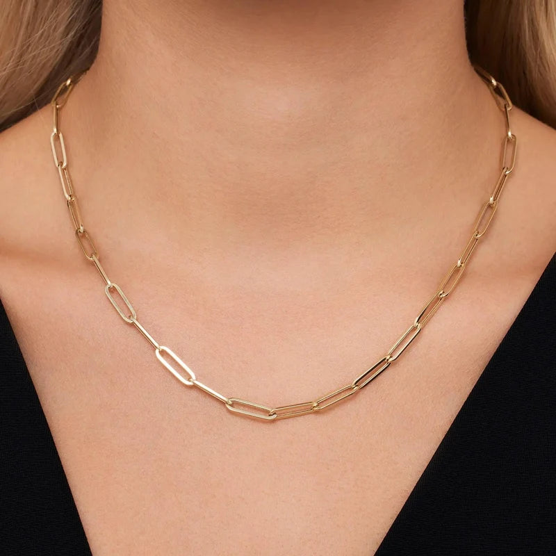 Aurella gold paperclip chain necklace worn on the neck