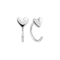 Little Heart Open Huggie Earrings in silver, front and side view on a white background
