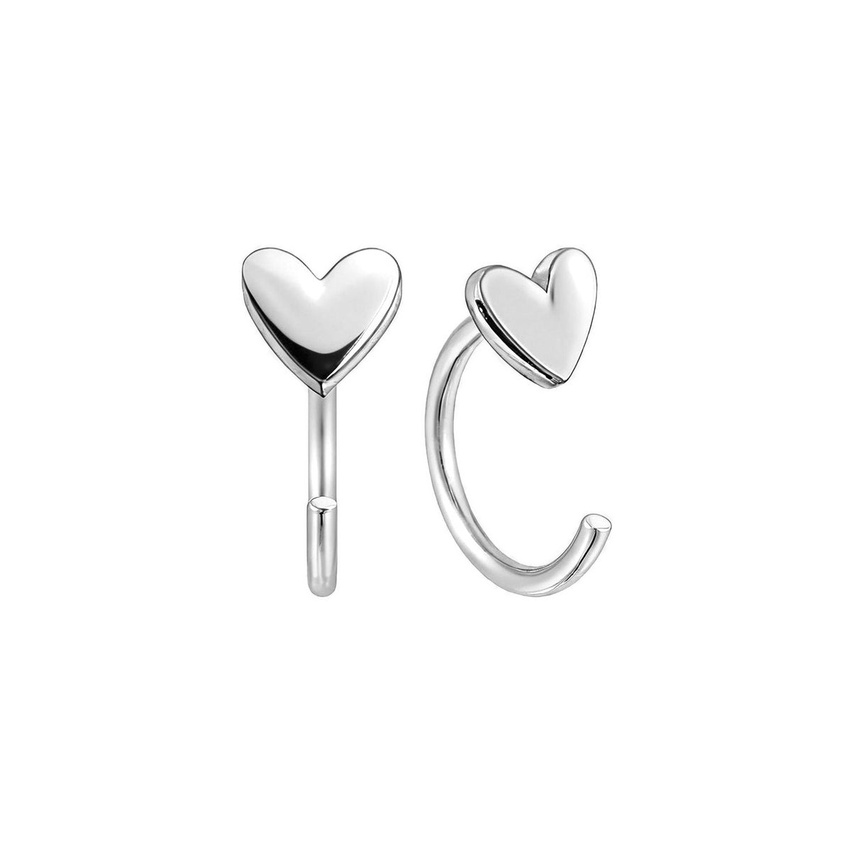 Little Heart Open Huggie Earrings in silver, front and side view on a white background