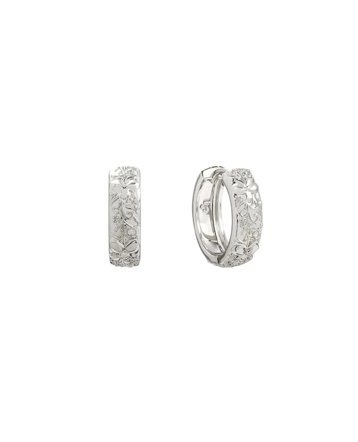 Silver Orchid Hoops with floral detailing on a white background